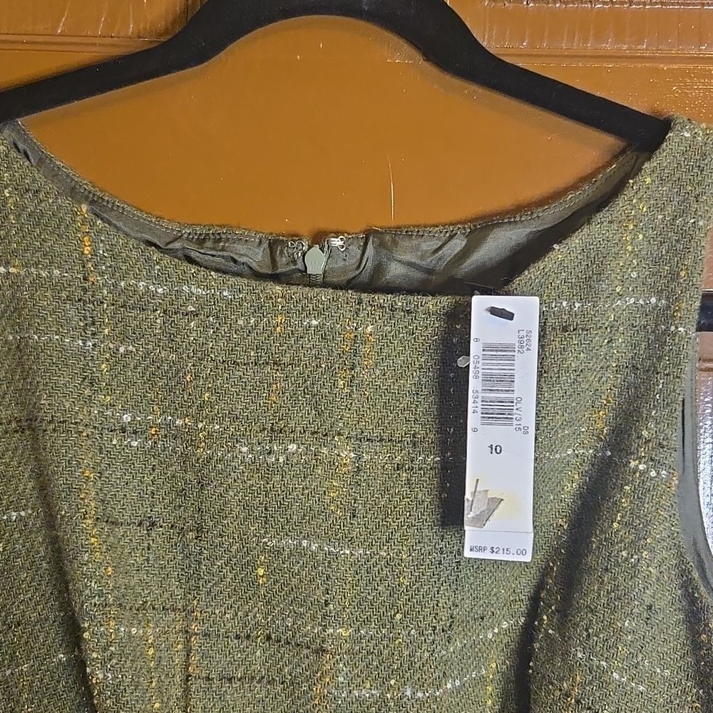 Laundry-Wool blend olive green sleeveless plaid straight dress Size 10. NWT. - Picture 3 of 11